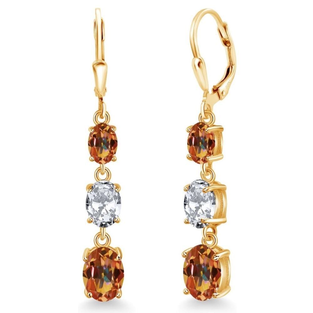 18K Yellow Gold 7.00 Cttw 3 Stone Ecstasy Mystic Topaz and Diamond CZ Earrings